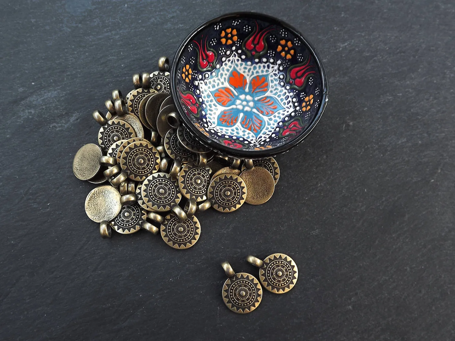 Ethnic Sun Mandala Pendant, Round Disc with Side Facing Bail, Zen Yoga Boho Jewelry, SMALL, Antique Bronze Plated, 2pc
