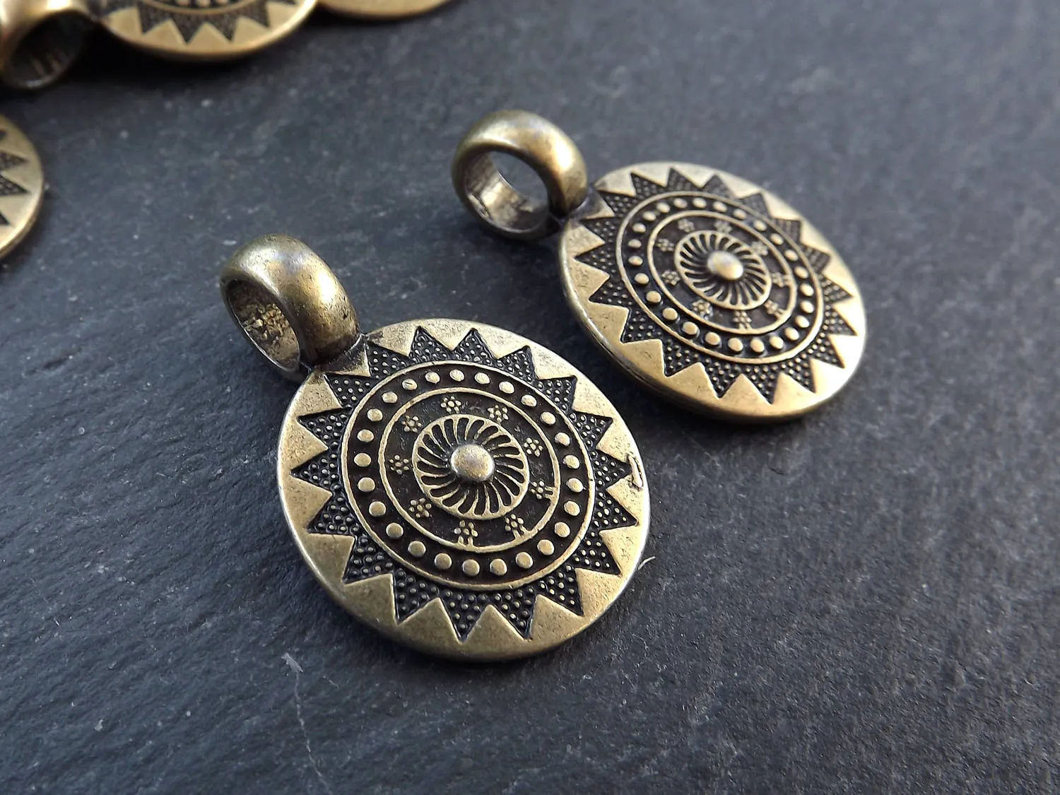Ethnic Sun Mandala Pendant, Round Disc with Side Facing Bail, Zen Yoga Boho Jewelry, SMALL, Antique Bronze Plated, 2pc