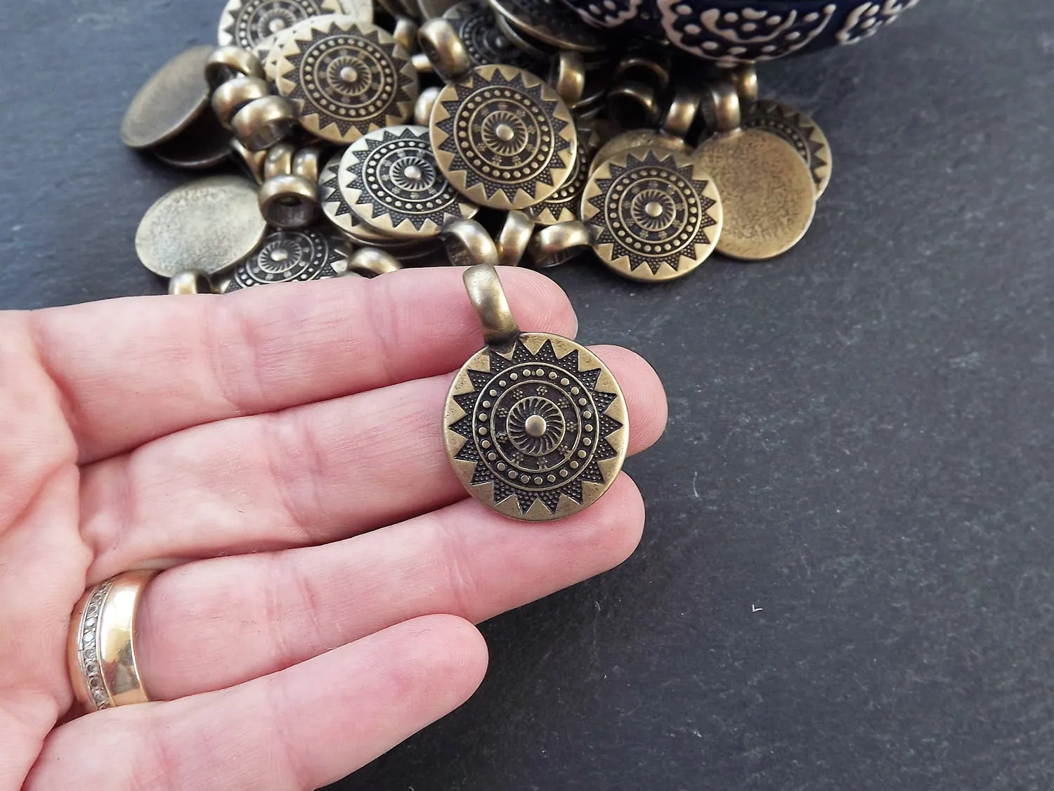 Ethnic Sun Mandala Pendant, Round Disc with Side Facing Bail, Zen Yoga Boho Jewelry, SMALL, Antique Bronze Plated, 2pc