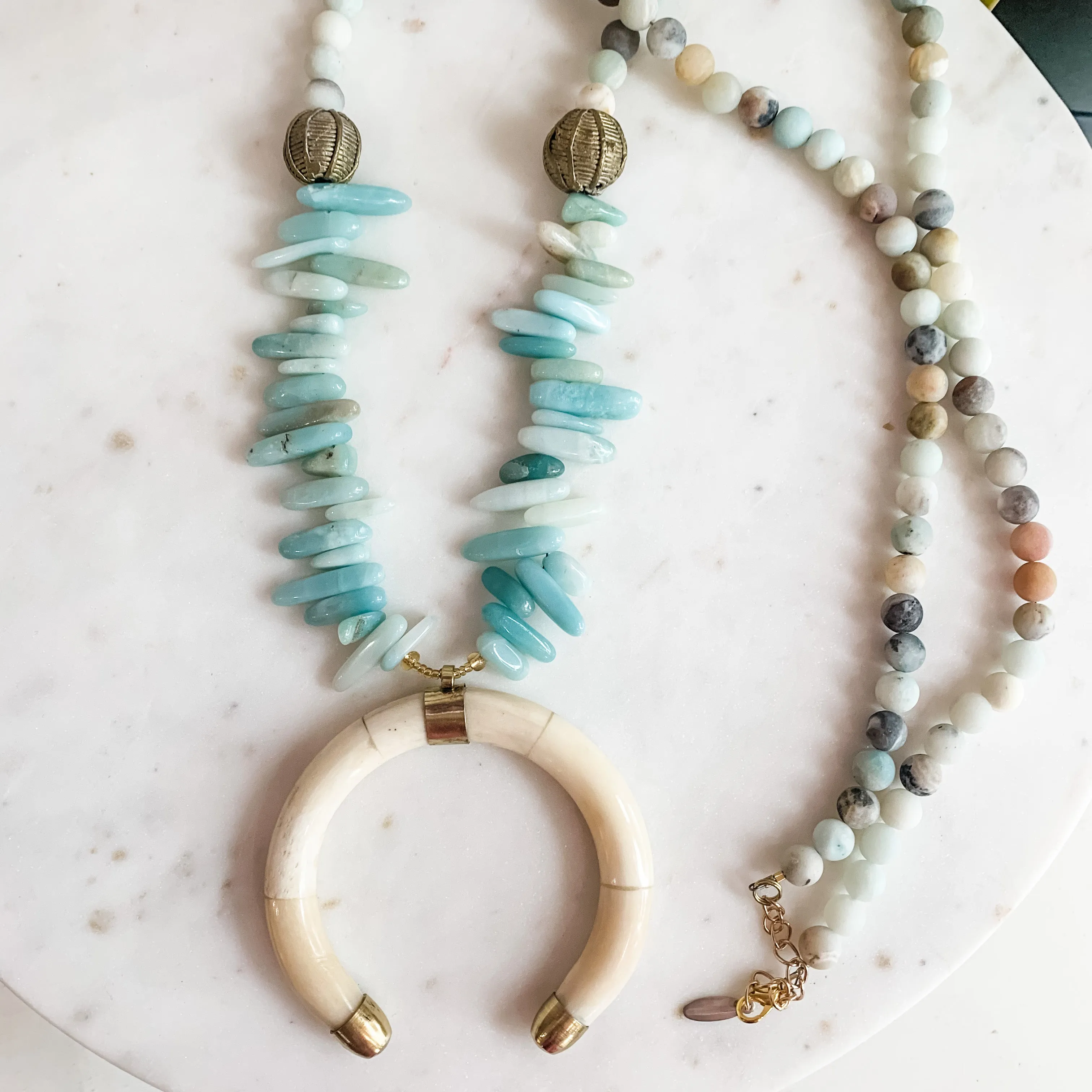 Extra Long Amazonite Crescent Horn Statement Necklace