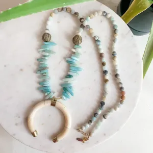 Extra Long Amazonite Crescent Horn Statement Necklace