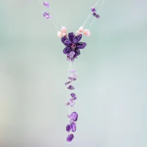 Fantasy Amethyst & Pearl Necklace with Flower Pendant