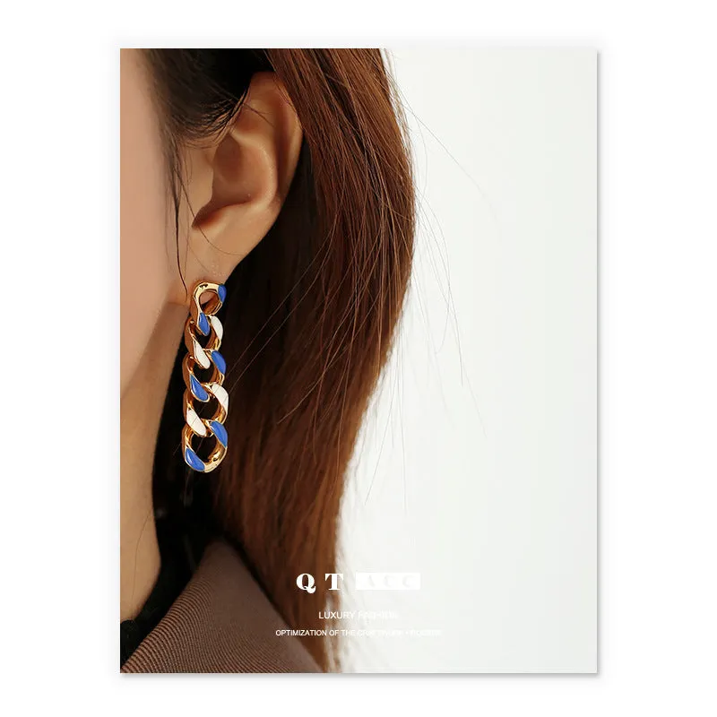Fashion Chain Women's Earrings Personality Blue and White Earrings Female Brass Plated 18K