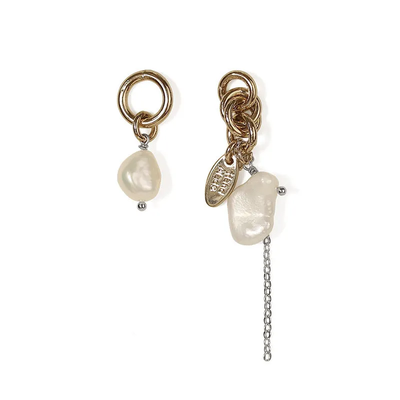 Fashionable Asymmetric Design Earrings Women 'S Natural Pearl Brass