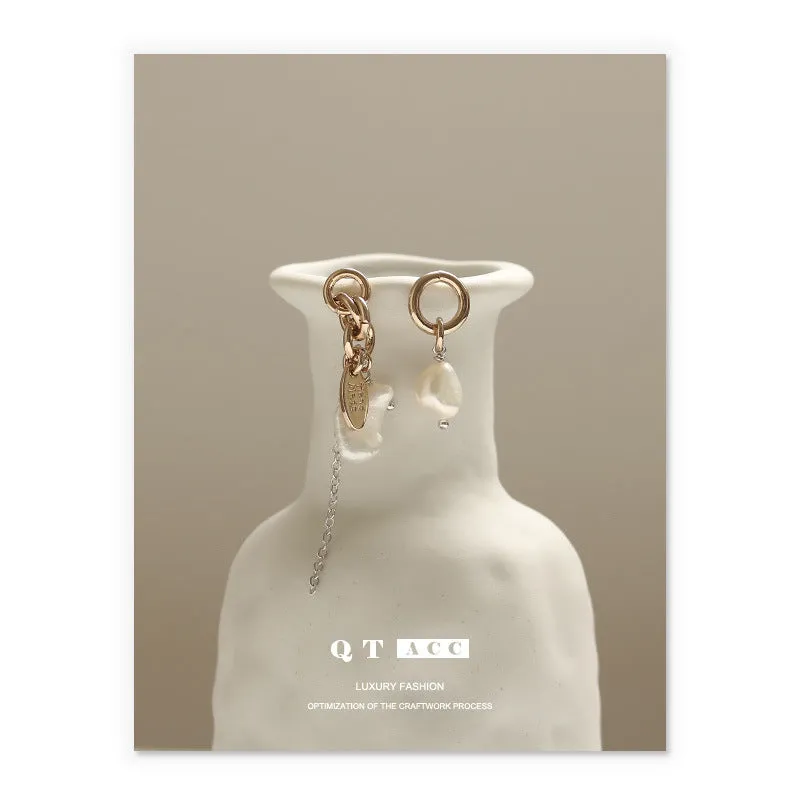 Fashionable Asymmetric Design Earrings Women 'S Natural Pearl Brass