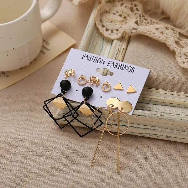 Fashionable Black Gold Geometric  Earring Set 6pair