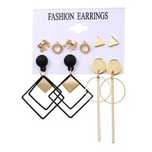 Fashionable Black Gold Geometric  Earring Set 6pair