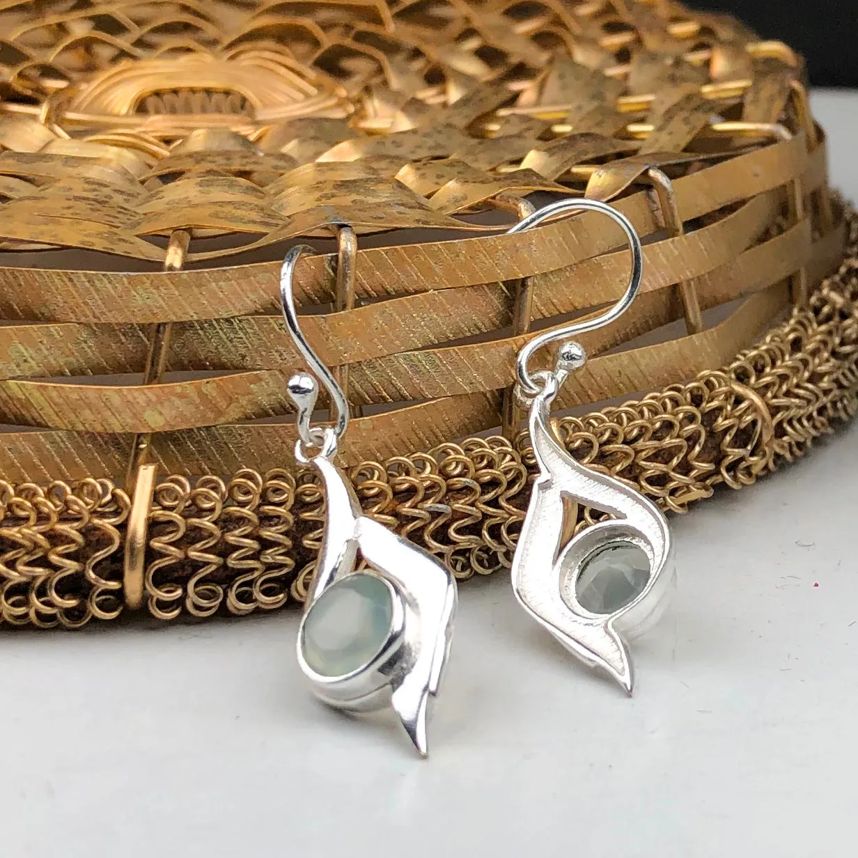 Fashionable Blue Chalcedony Earrings Made of Brass Silver Polished Danglers