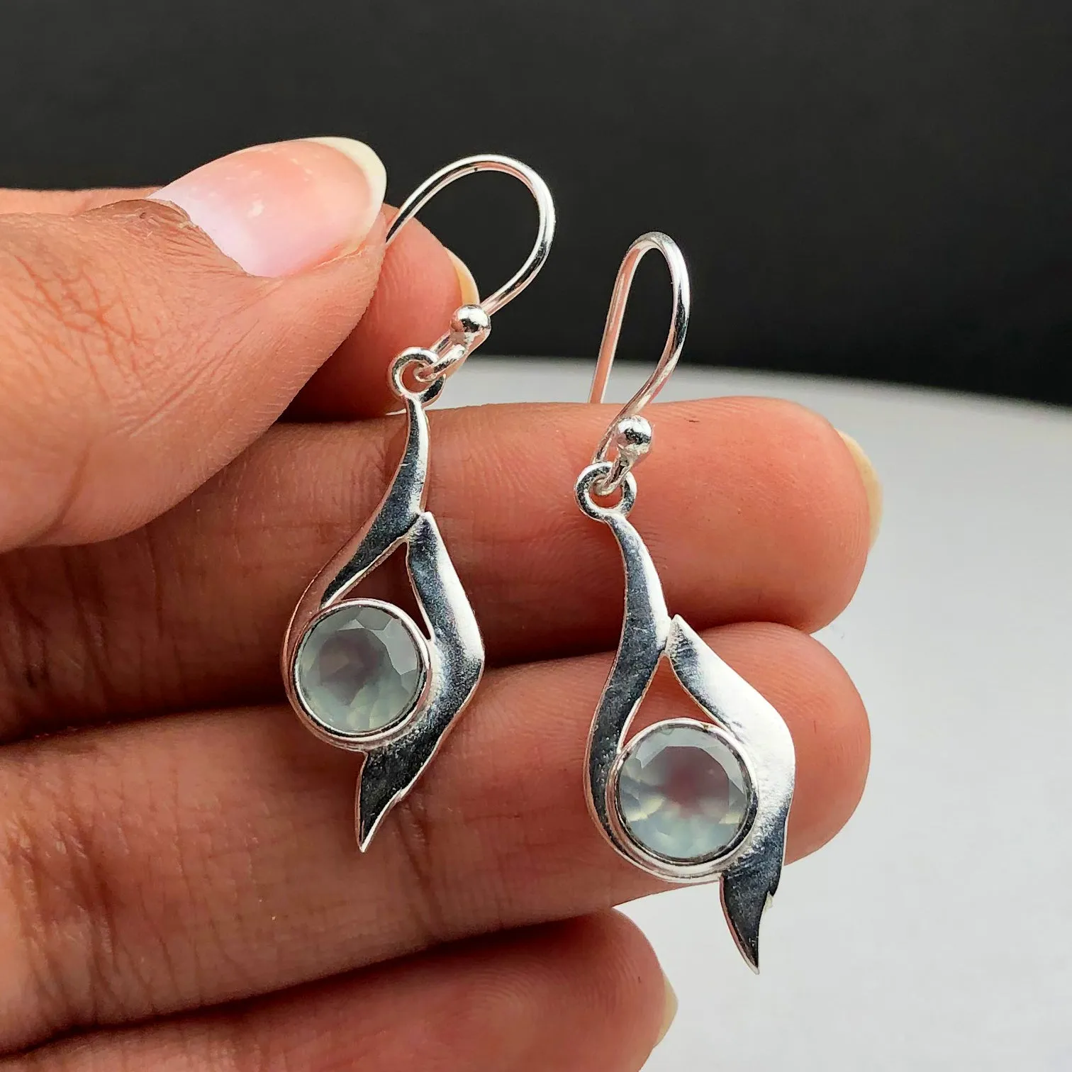 Fashionable Blue Chalcedony Earrings Made of Brass Silver Polished Danglers