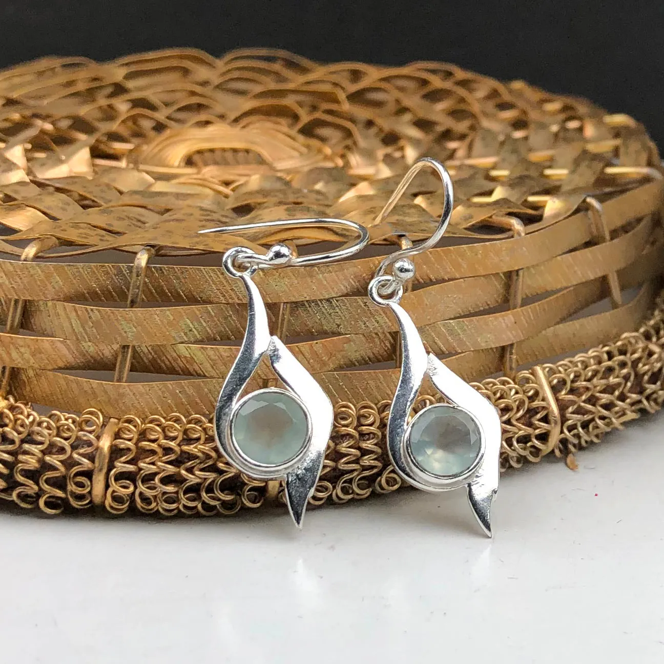 Fashionable Blue Chalcedony Earrings Made of Brass Silver Polished Danglers