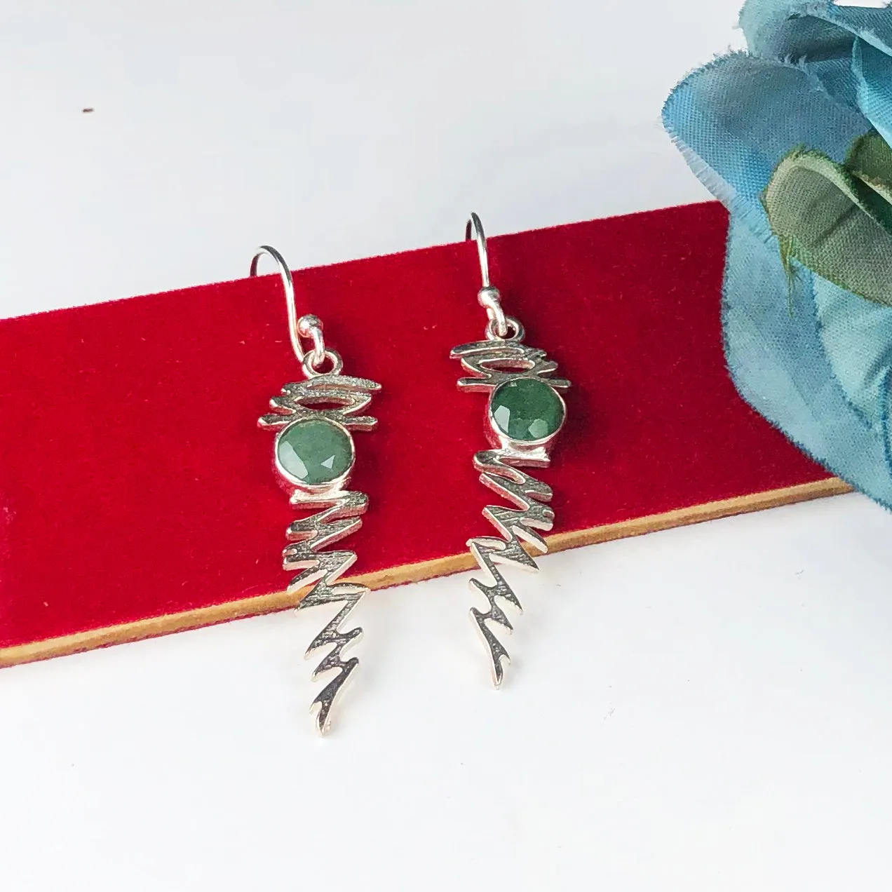 Fashionable Green Aventurine Earrings Made of Brass Silver Polished Danglers