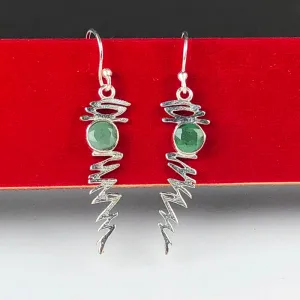 Fashionable Green Aventurine Earrings Made of Brass Silver Polished Danglers