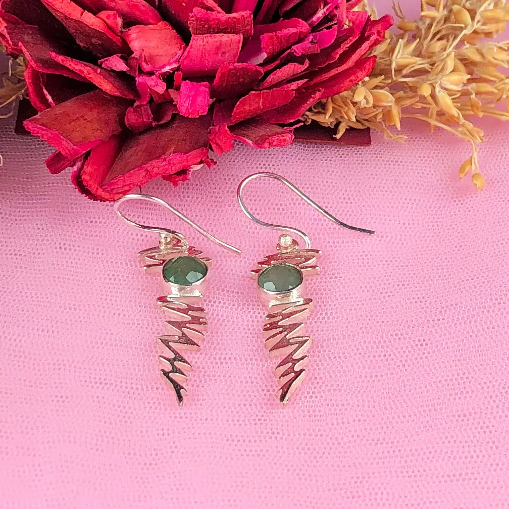 Fashionable Green Aventurine Earrings Made of Brass Silver Polished Danglers