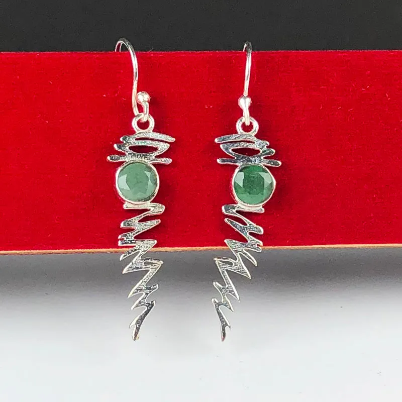 Fashionable Green Aventurine Earrings Made of Brass Silver Polished Danglers
