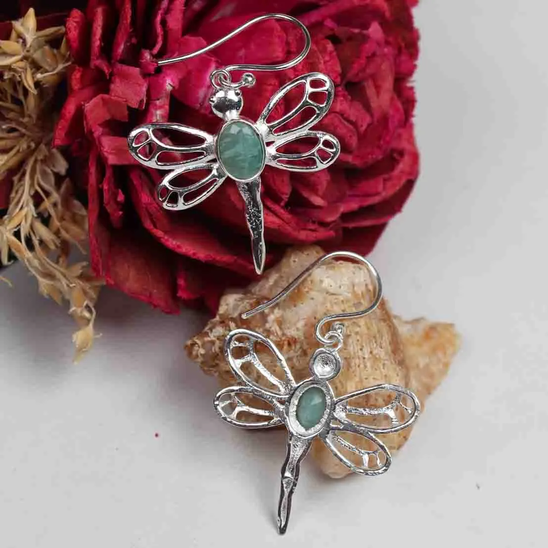 Fashionable Green Earrings Made of Brass Silver Polished Danglers