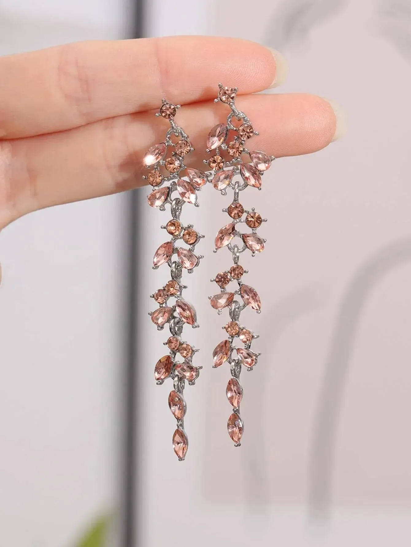 Fashionable Long Earrings with Diamond Leaves and Tassels