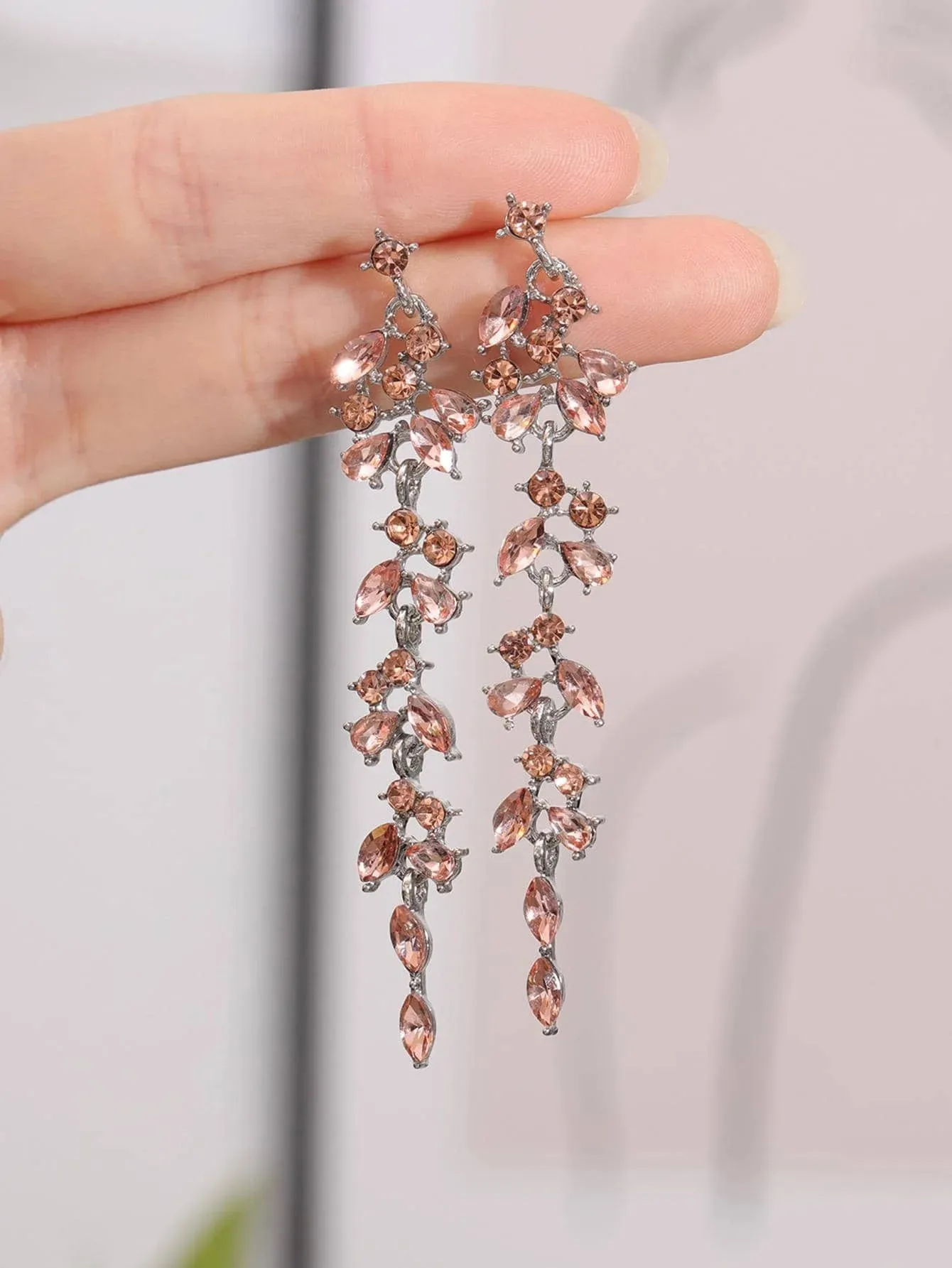 Fashionable Long Earrings with Diamond Leaves and Tassels