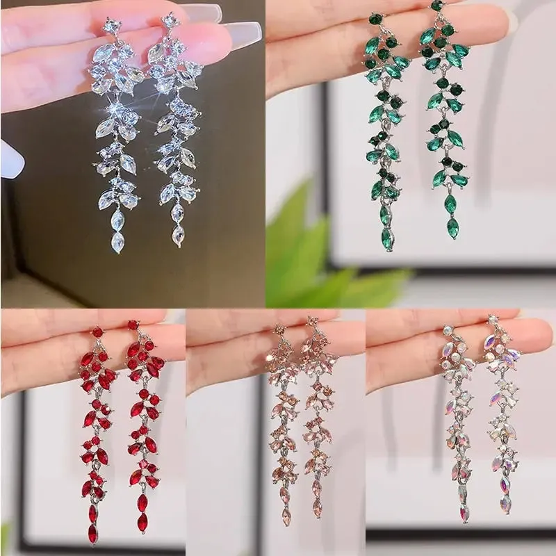 Fashionable Long Earrings with Diamond Leaves and Tassels