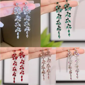 Fashionable Long Earrings with Diamond Leaves and Tassels
