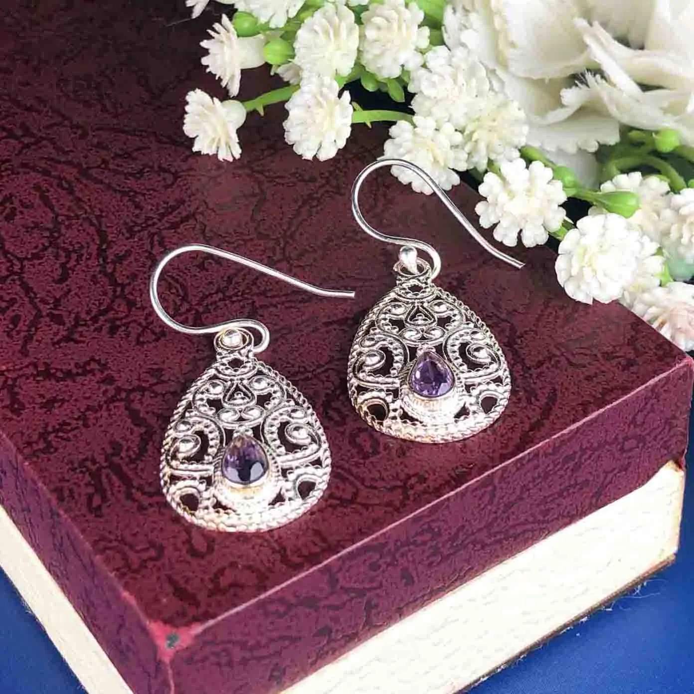 Fashionable Purple Amethyst Earrings Made of Brass Silver Polished Danglers