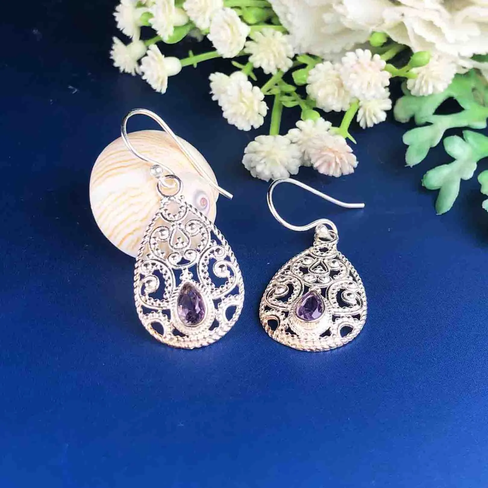 Fashionable Purple Amethyst Earrings Made of Brass Silver Polished Danglers