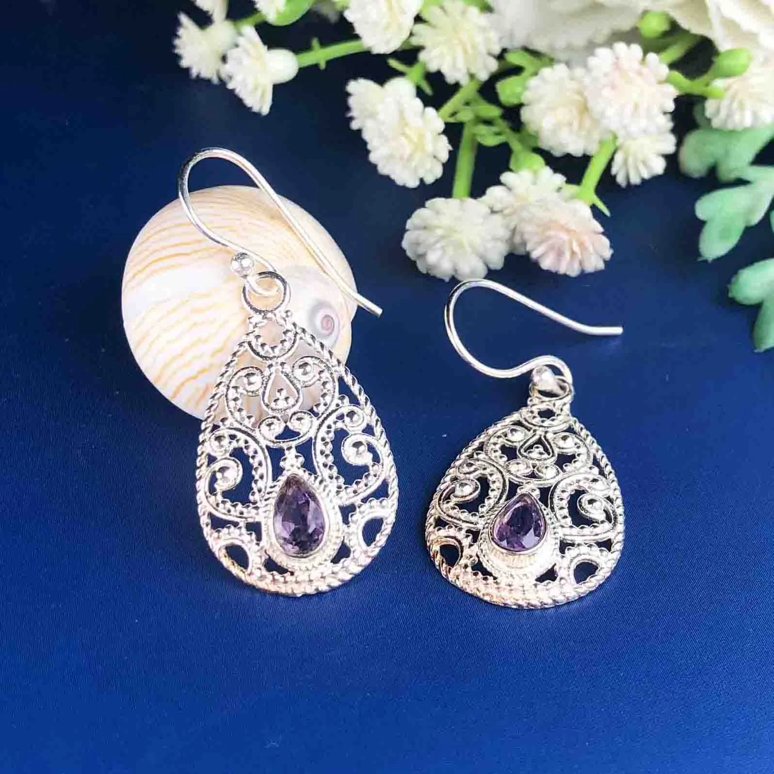 Fashionable Purple Amethyst Earrings Made of Brass Silver Polished Danglers