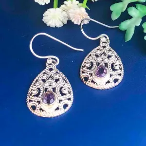 Fashionable Purple Amethyst Earrings Made of Brass Silver Polished Danglers