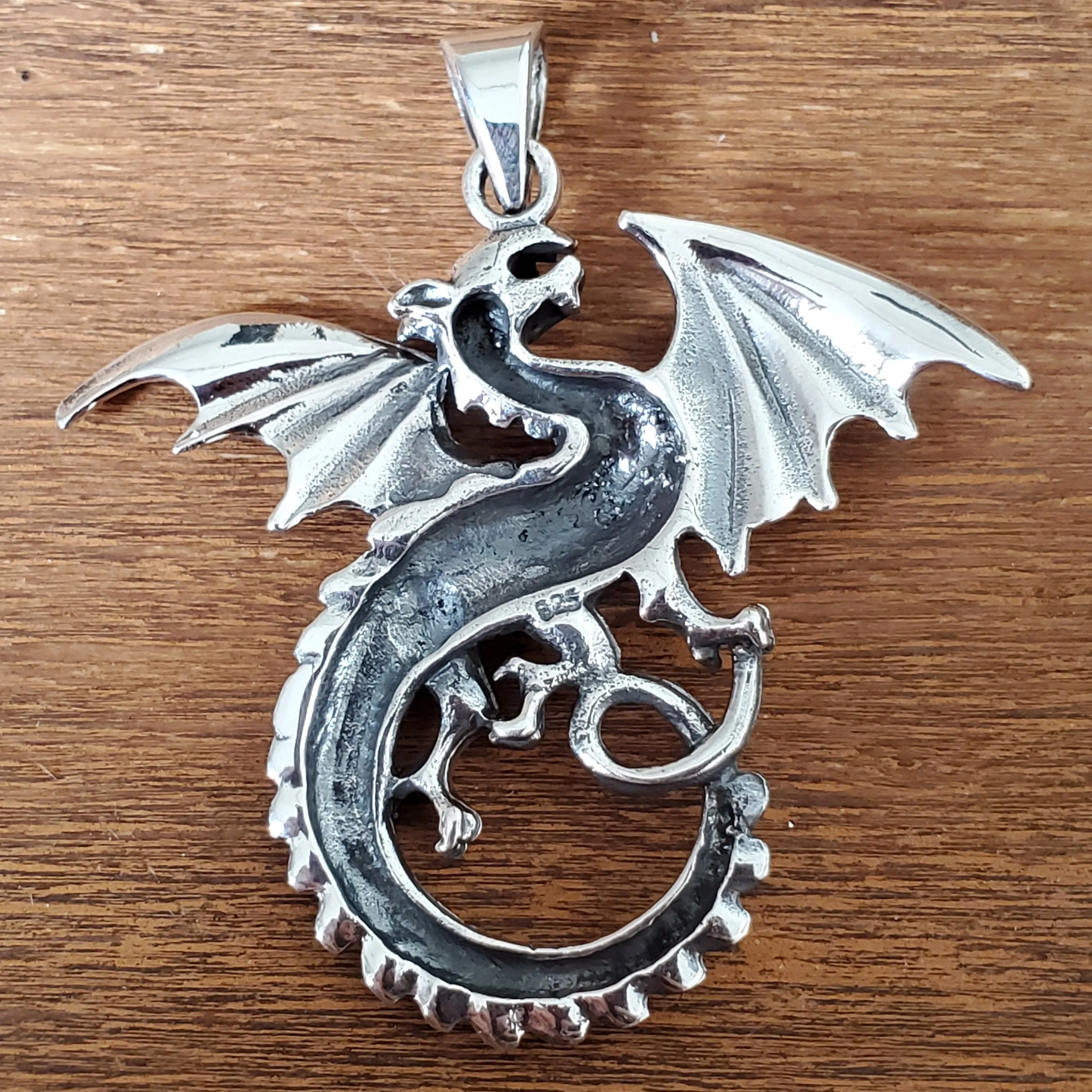 Flying Dragon Amulet .925 Sterling Silver Fantasy Charm Pendant