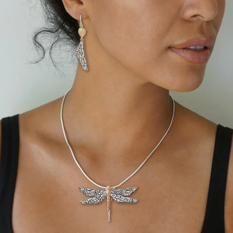 FOSSILIZED WALRUS IVORY SILVER DRAGONFLY PENDANT, HANDMADE - TRIBAL DRAGONFLY