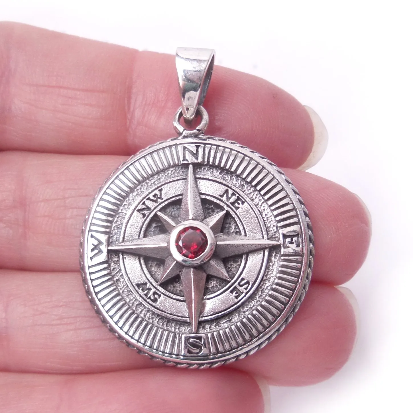 Garnet Compass Rose Amulet .925 Sterling Silver Charm Pendant