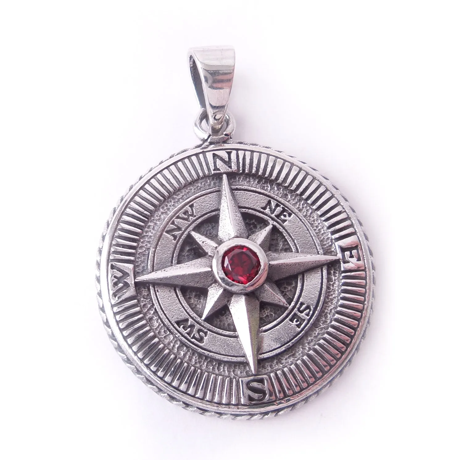 Garnet Compass Rose Amulet .925 Sterling Silver Charm Pendant