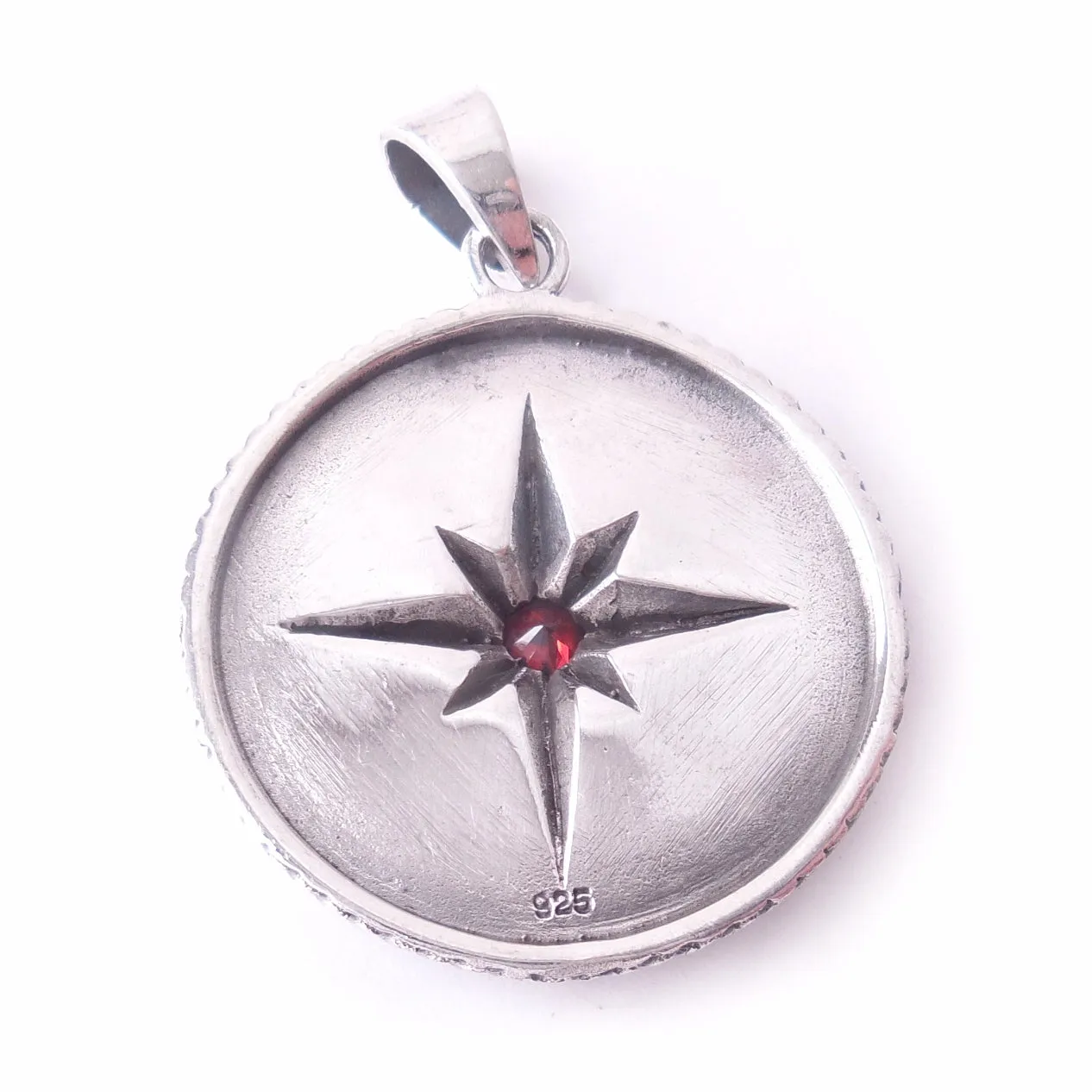 Garnet Compass Rose Amulet .925 Sterling Silver Charm Pendant