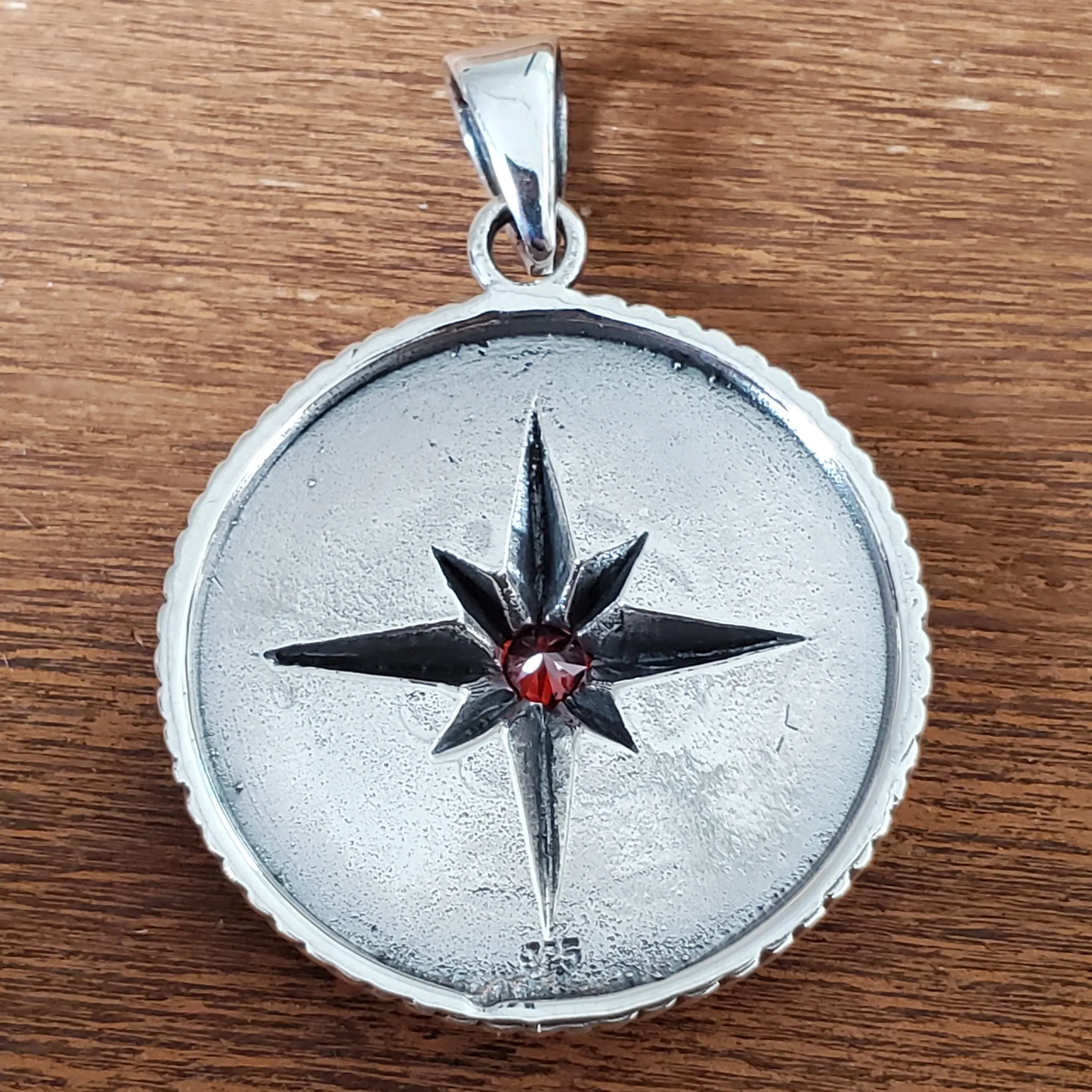 Garnet Compass Rose Amulet .925 Sterling Silver Charm Pendant
