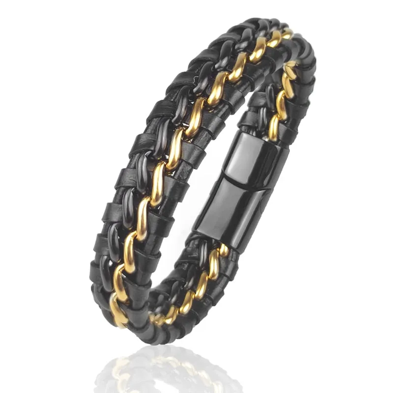 Genuine Leather Chain Bracelet for Men Magnetic Stainless Steel Clasp in Plated Gold Exclusive Jewellery Gift Wholesale Dropping