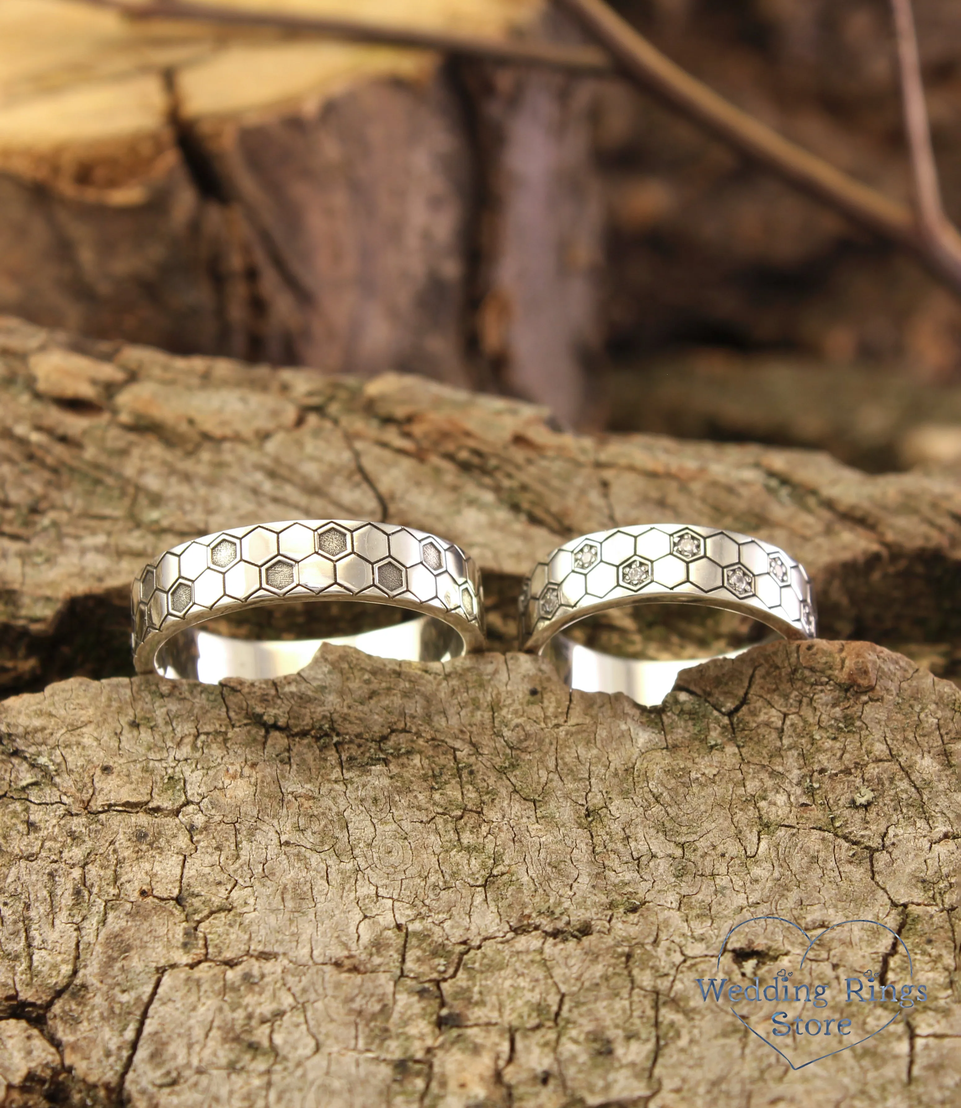 Geometric Honeycomb Couple Wedding Bands Set in Silver