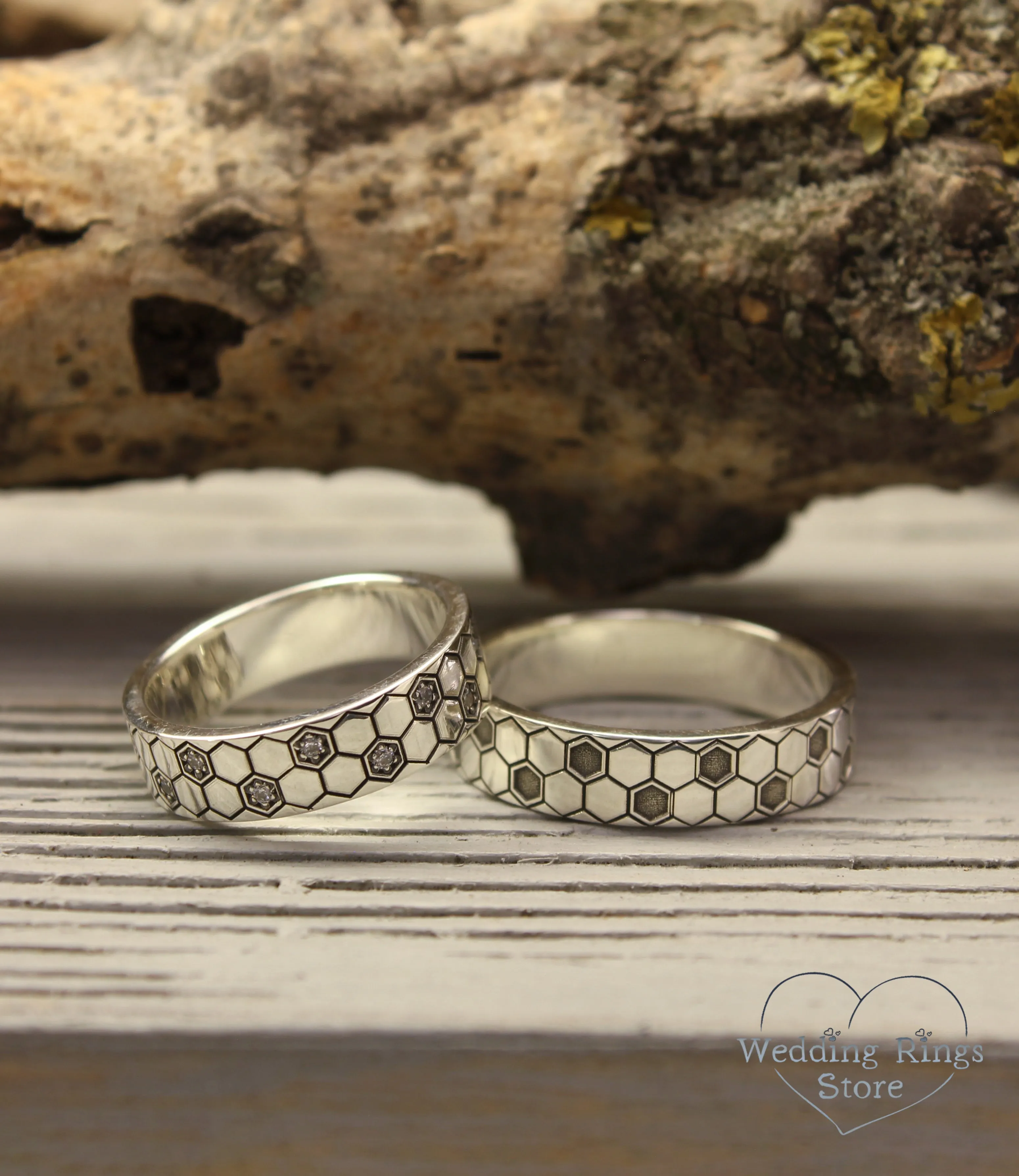 Geometric Honeycomb Couple Wedding Bands Set in Silver