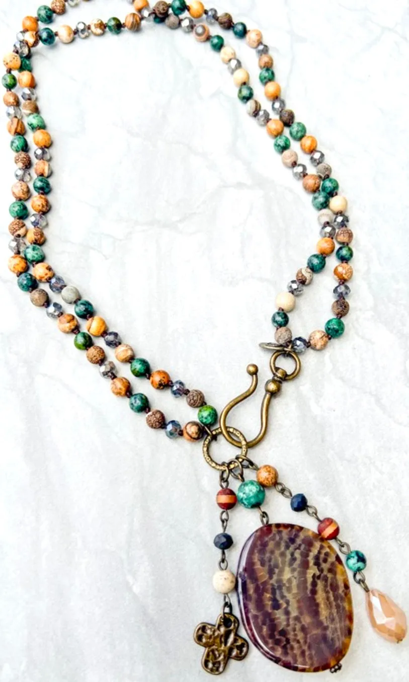 Gizelle Autumn Mix Stone Pendant Charm Long or Doubled Beaded Necklace