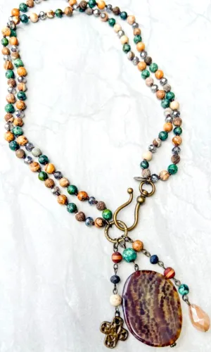 Gizelle Autumn Mix Stone Pendant Charm Long or Doubled Beaded Necklace