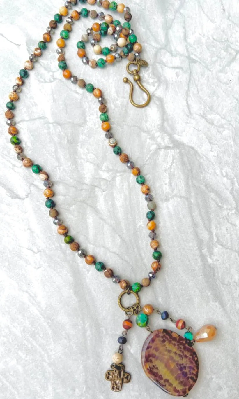 Gizelle Autumn Mix Stone Pendant Charm Long or Doubled Beaded Necklace