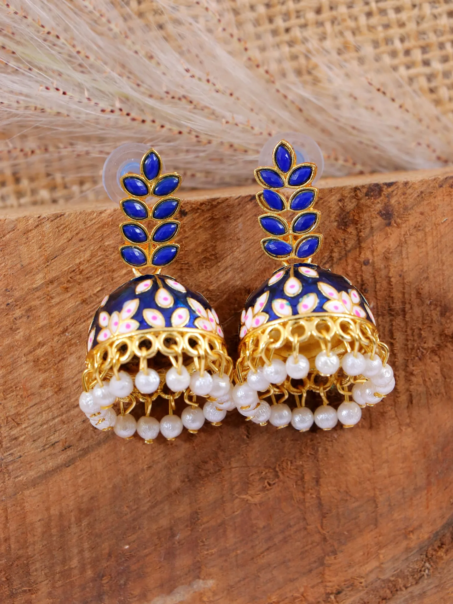 Gleaming Gold Plated Jhumka Earrings with Sky Blue Stone for Women