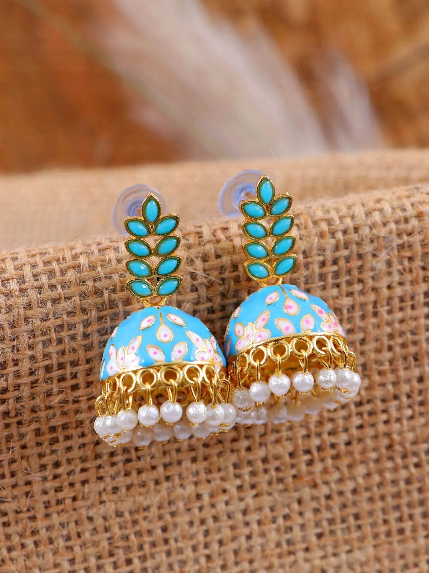 Gleaming Gold Plated Jhumka Earrings with Sky Blue Stone for Women