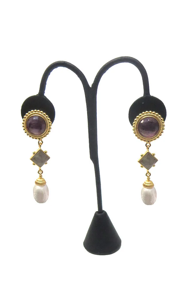 Gold Beaded Stone Pearl Drop Earring