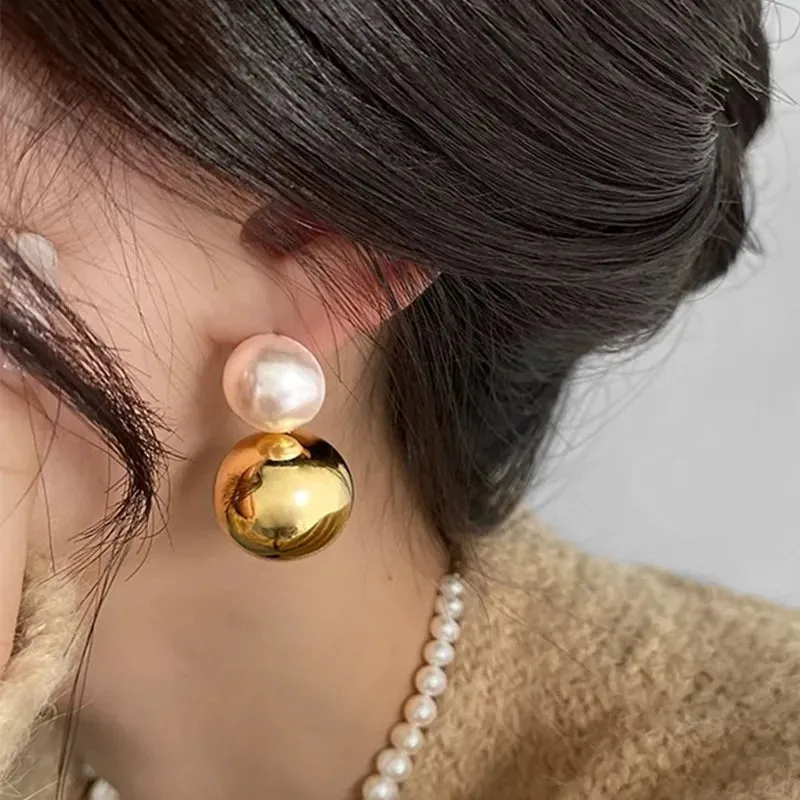 Gold Pearl Double Ball Earrings