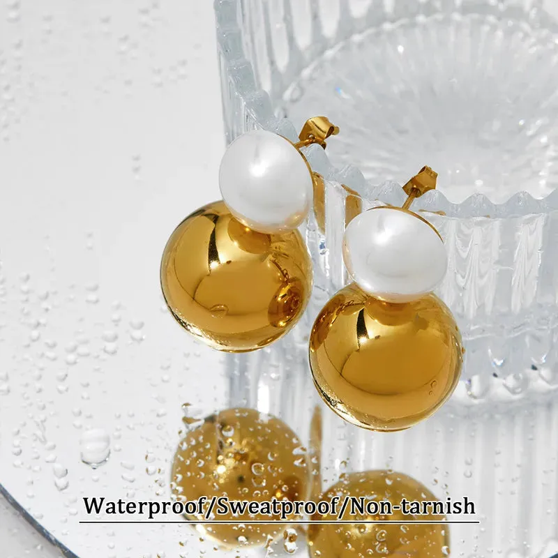 Gold Pearl Double Ball Earrings