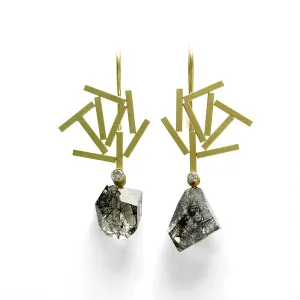 Gold Rectangles with Diamonds   Quartz Earrings