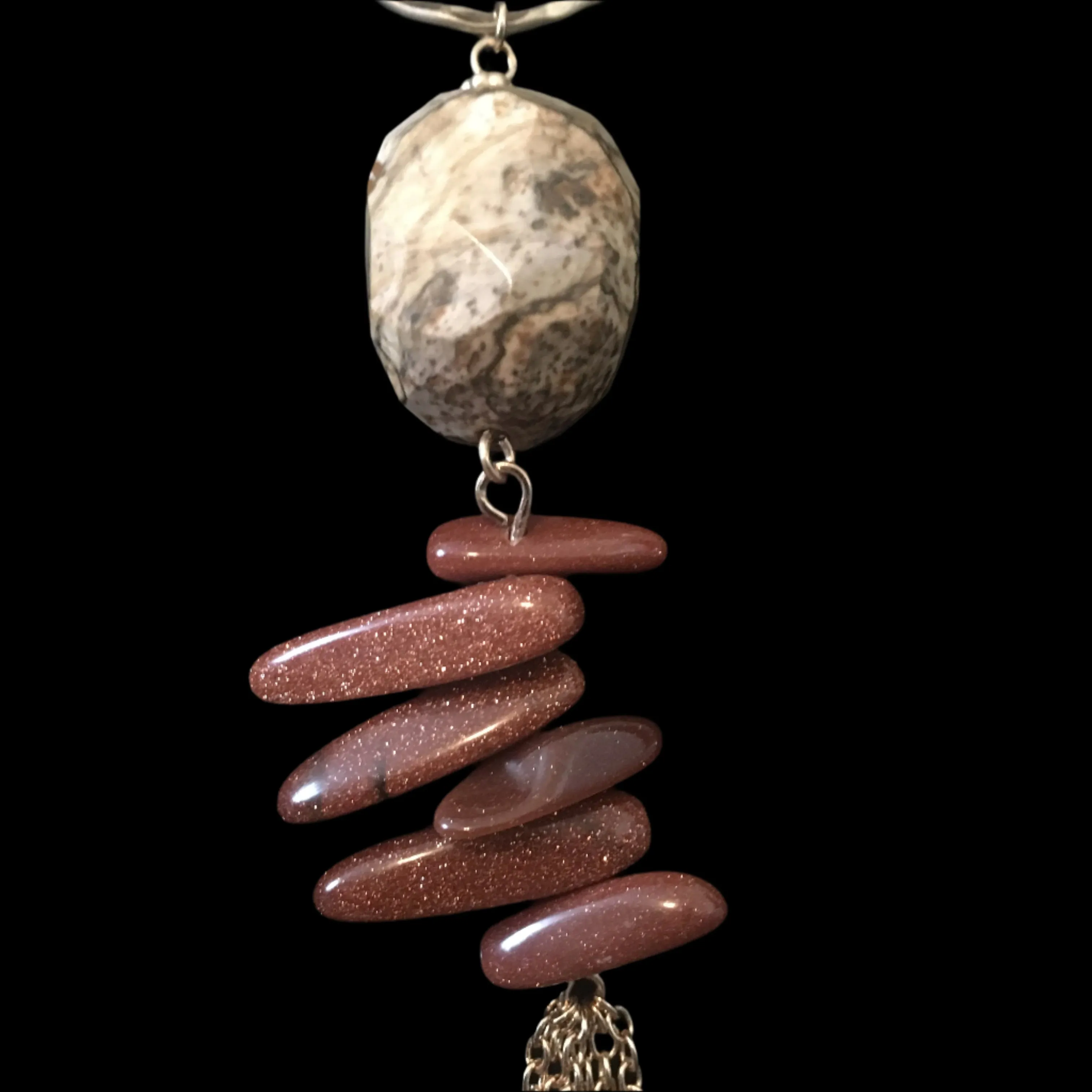 Gold Tone Necklace with Stones & Tassel- Natural, Brown, & Reddish Brown