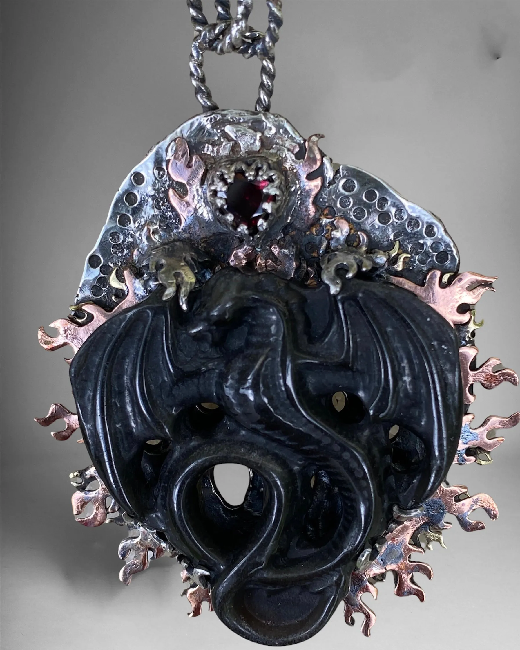 Golden Sheen Obsidian Dragon Carving Pendant with Heart Garnet