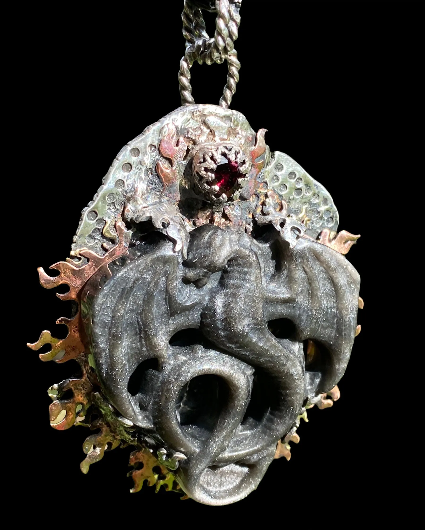 Golden Sheen Obsidian Dragon Carving Pendant with Heart Garnet