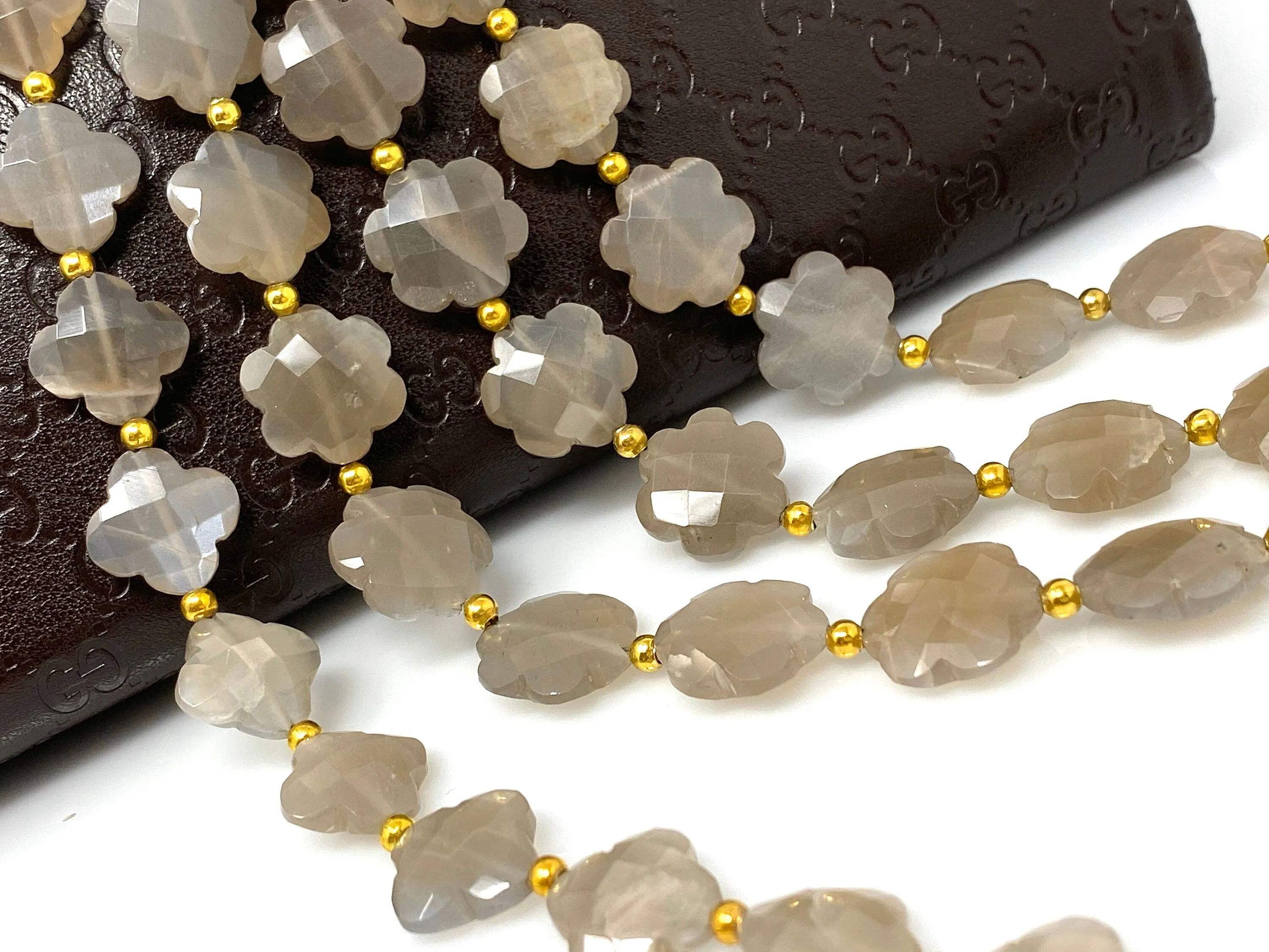 Gray Brown Moonstone Beads - Flower Shape , Gemstone Beads, Jewelry Supplies for Jewelry Making, Wholesale Beads, Bulk Beads, 8” Strand