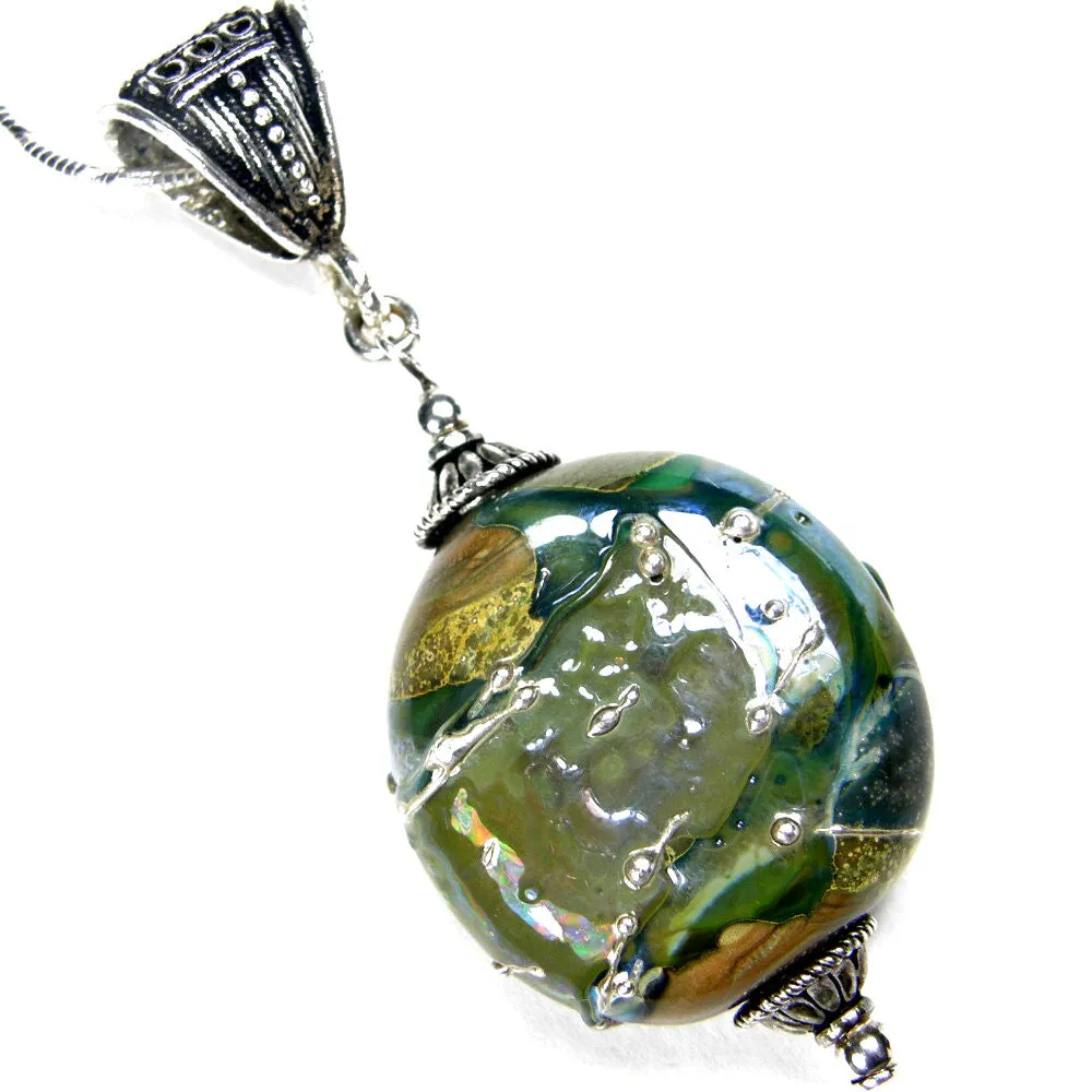 Grecian Love Metallic Green Lampwork Pendant, Sterling Silver, Handmade Jewelry